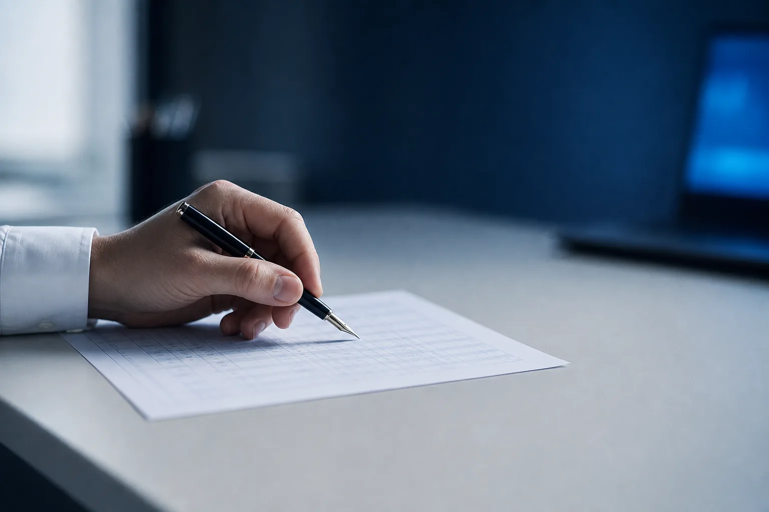 Mano sostiene pluma sobre documento con métricas y datos clínicos en escritorio