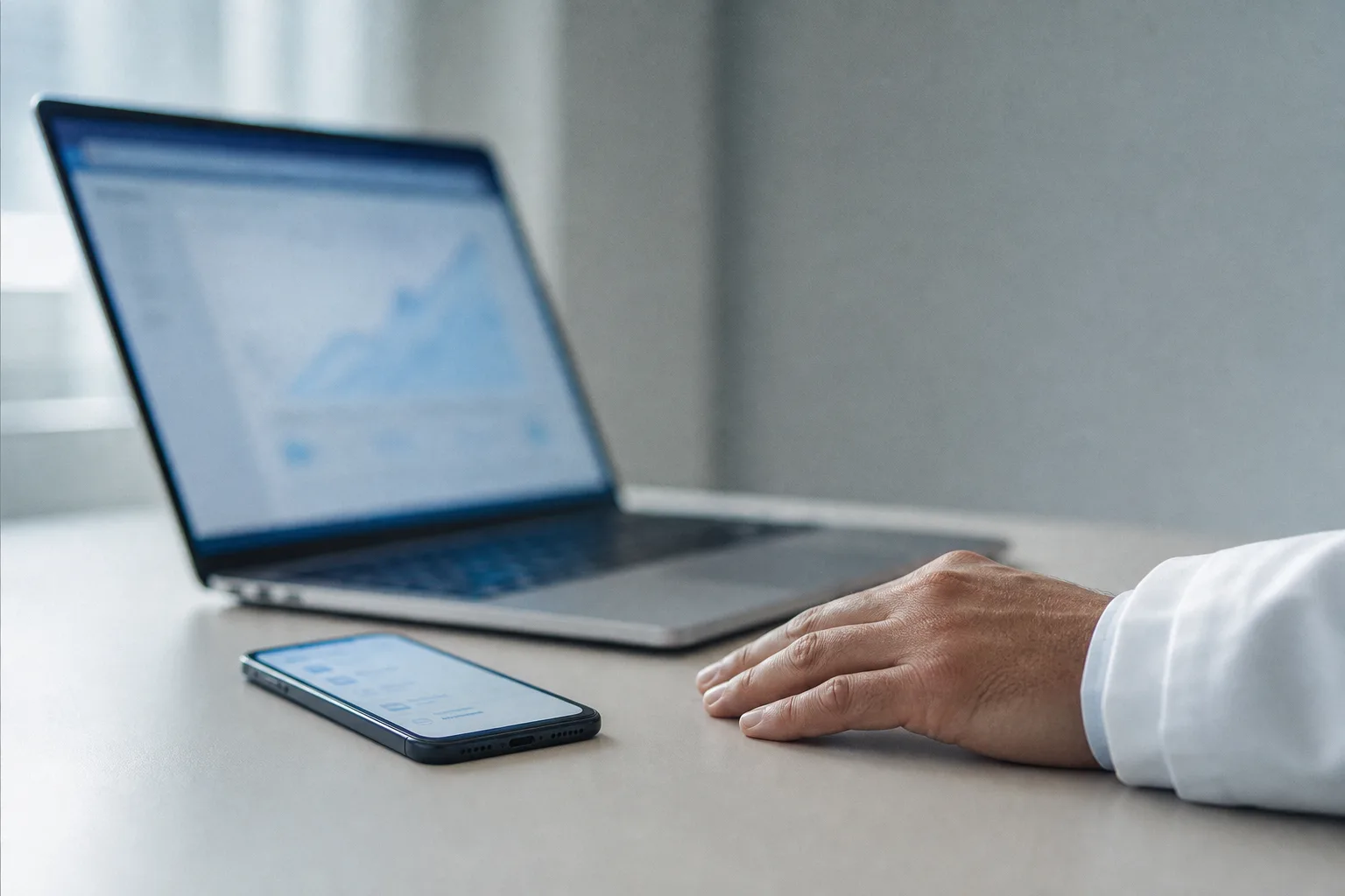 Laptop y smartphone juntos en escritorio mostrando canales digitales para dentistas