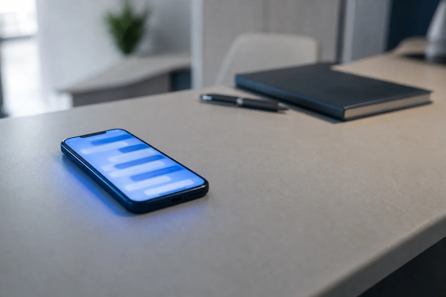 Smartphone moderno en mostrador dental mostrando interfaz de mensajería con burbujas de chat