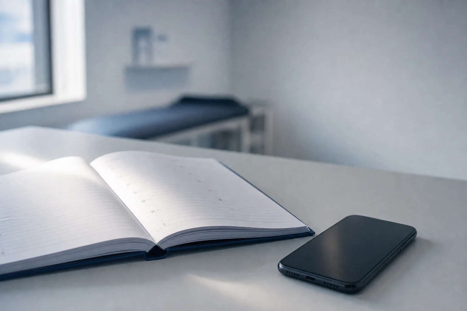 Agenda de citas vacía en escritorio de clínica de fisioterapia sin pacientes programados
