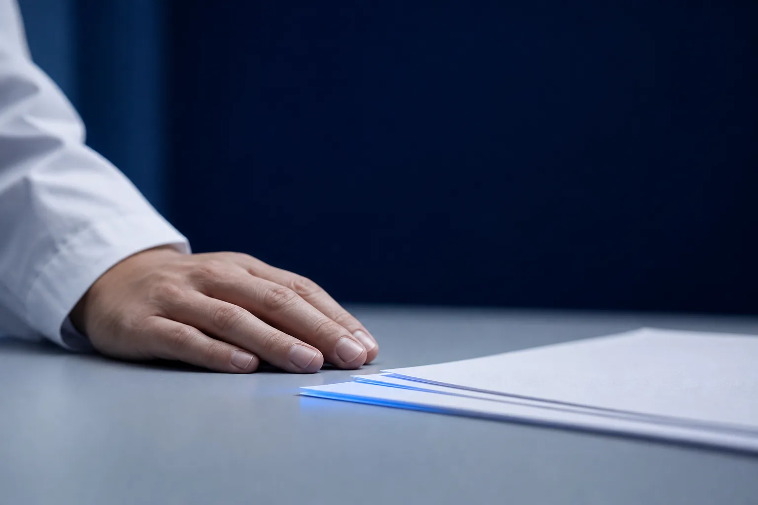 Mano de un médico con bata blanca junto a documentos sobre un escritorio