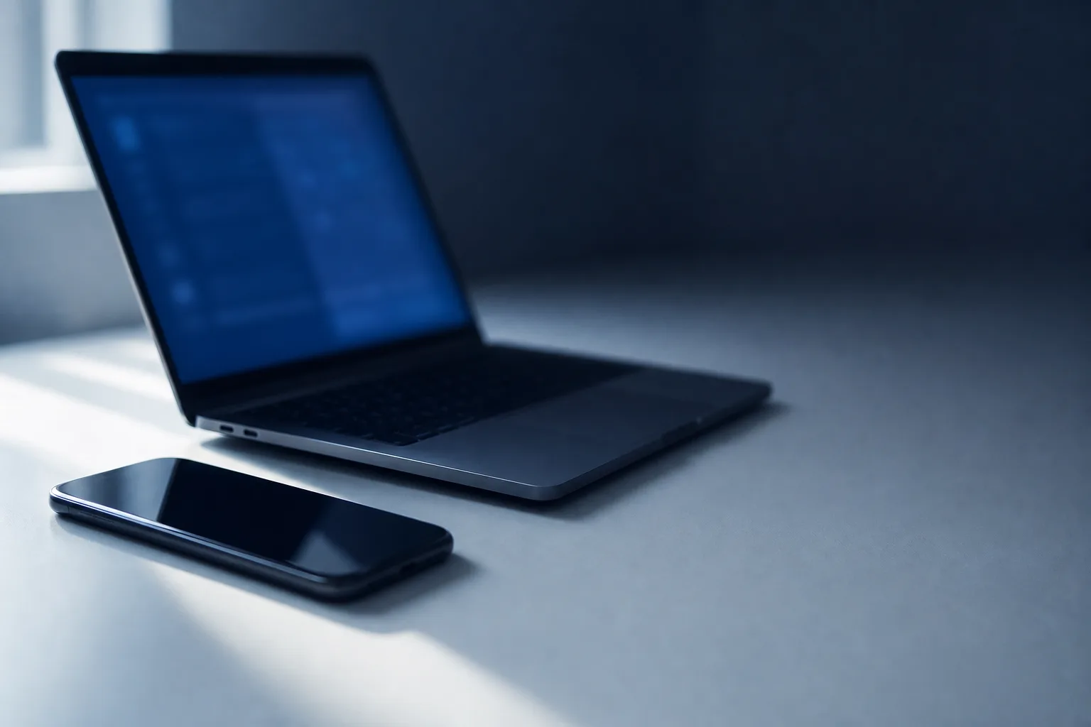 Smartphone cerrado y laptop abierto lado a lado en escritorio minimalista limpio