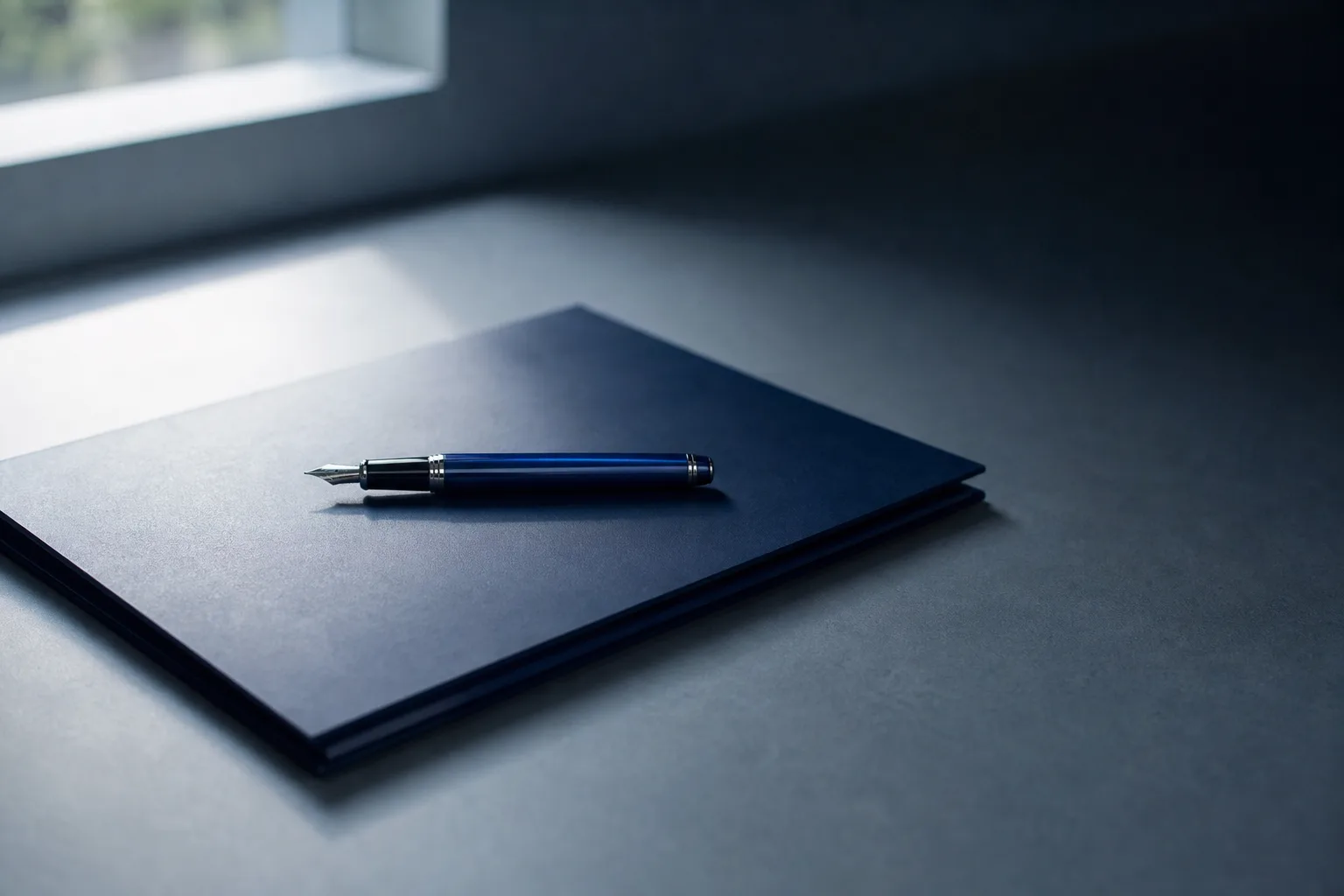 Pluma estilográfica elegante sobre carpeta azul marino cerrada en escritorio profesional